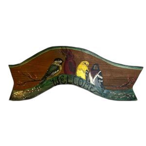 Hand Painted Wooden Curved WELCOME Sign Birds & Branches Rustic
